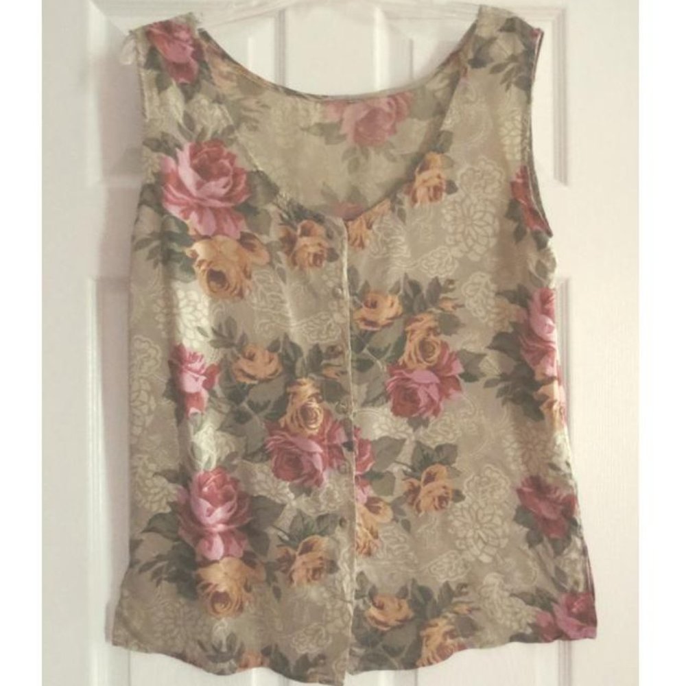 Sleeveless Floral Silk Button Down Blouse